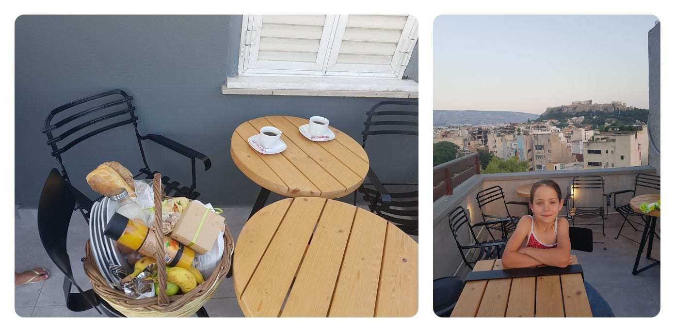 פיליון יוון אתונה למשפחות עם ילדים - נוף הגג והארוחה במלון הדירות A.P. Acropolis View Apartments